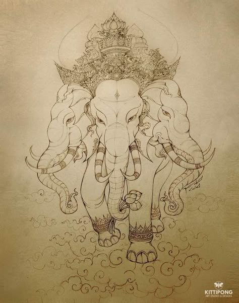 3 Headed Elephant Tattoo Laos, Laos Elephant Tattoo, Airavata Elephant, Ganesha Drawing, Ancient Drawings, Buddha Art Drawing, Bengali Art, Thailand Art, Southeast Asian Arts