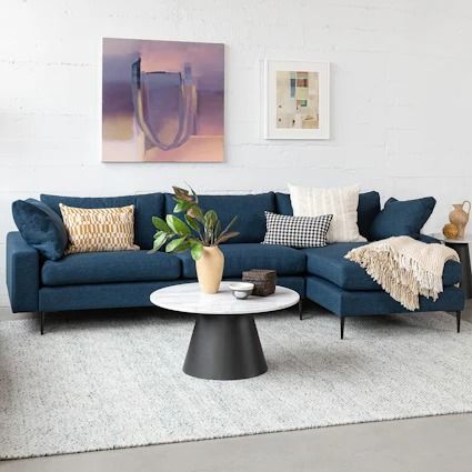 Contemporary, Mid Century & Modern Sectional Sofas + Couches | Article Fall Room Inspiration, Living Room Designs Cozy, Blue Couch Living, Denim Sofa, Blue Sofa Living, Blue Sofas Living Room, Long Narrow Living Room, Blue Couch Living Room, Mid Century Modern Sectional Sofa