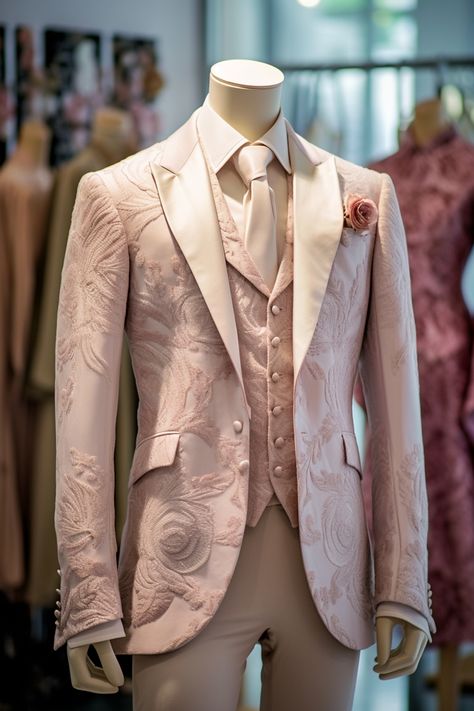 Rose flower inspired suit Fairy Wedding Groom Suit, Ethereal Suit Men, Groom Attire Pink, Fairytale Suits For Men, Rose Gold Suit Men, Wedding Male Outfit, Bridgerton Suit, Christmas Show Outfits, Ethereal Outfit Men