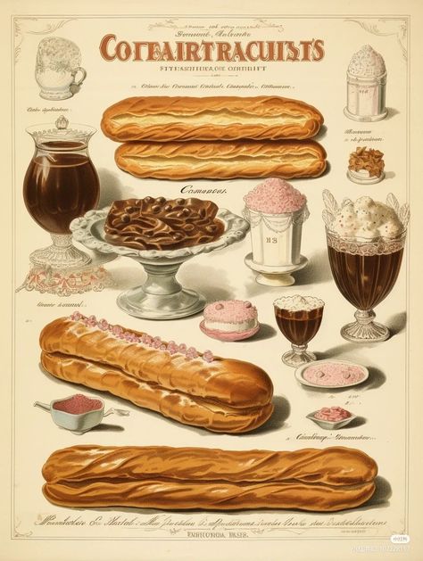 Vintage Pastry Shop, French Food Illustration, Cafe Bakery Aesthetic, French Desserts Aesthetic, Vintage Food Illustration, Dessert Poster Design, Baking Aesthetic Vintage, Vintage Bakery Aesthetic, French Bakery Aesthetic