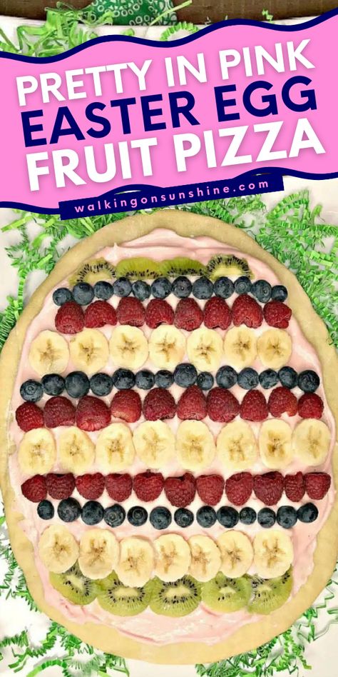 Who wouldn't love this best fruit pizza recipe? Be sure to include this easy egg fruit pizza in your set of Easter dessert ideas! It's topped with a pretty pink colored cream cheese frosting and mixed fresh fruit all in a fun Easter egg-shaped pattern! Try it! Egg Fruit Pizza, Easter Egg Fruit Pizza, Easter Sunday Recipes, Pizza Halloween, Egg Fruit, Dessert Pizza Fruit, Fruit Pizza Sugar Cookie Recipe, Mini Snacks, Pizza Sugar Cookie