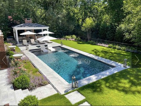 Pool Surrounded By Trees, Pool With Shed, Patios Ideas Backyard, Hampton Pool, Hamptons Pool, Ideas Backyard Patio, Patios Ideas, Rectangle Pool, Dream Backyard Pool