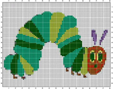 The very hungry caterpillar Very Hungry Caterpillar Pixel Art, Knit Grid Pattern, The Hungry Caterpillar, Very Hungry Caterpillar Craft, Hungry Caterpillar Crochet, Hungry Caterpillar Scarf Crochet, The Very Hungry Caterpillar Crochet, Pixel Crochet Pattern Charts, Hungry Caterpillar Cross Stitch