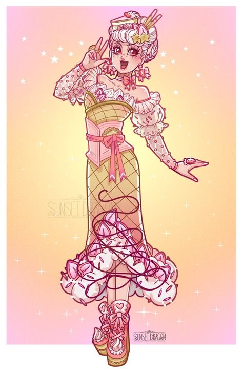 Candy Themed Dress, Candy Dress Drawing, Candy Fashion Design, Dessert Themed Outfits, Dessert Character Design, Sweet Like Candy Outfit, Candy Inspired Outfits, Candy Character Design, Cupid Crunch