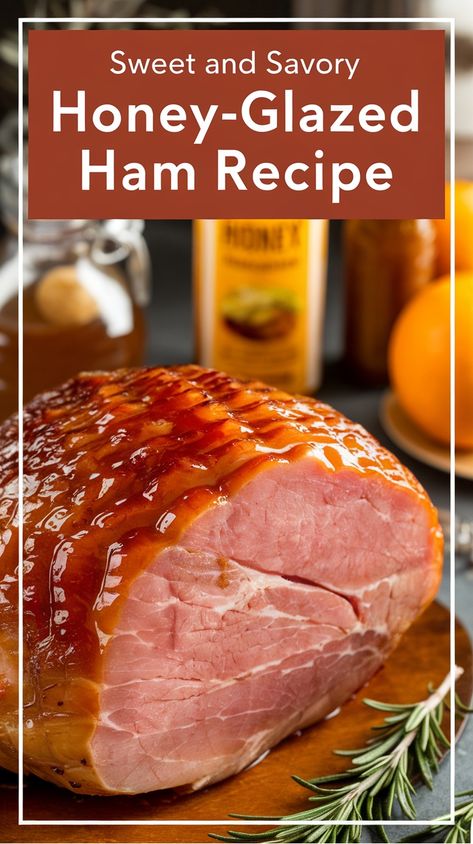 Honey-glazed ham on a wooden board with honey and oranges in the background. Baked Ham Glaze Recipe, Honey Mustard Ham Glaze, Honey Baked Ham Glaze, Homemade Ham Glaze, Baked Ham Glaze, Best Ham Glaze, Honey Mustard Ham, Mustard Ham Glaze, Honey Ham Recipe