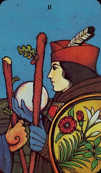 Two of Wands - Morgan-Greer Tarot by Bill Greer, Lloyd Morgan Morgan Greer Tarot, 2 Of Wands, Tarot Tutorial, Tarot Wands, What Are Tarot Cards, Tarot Decks Art, Rod And Staff, Two Of Wands, Ace Of Pentacles