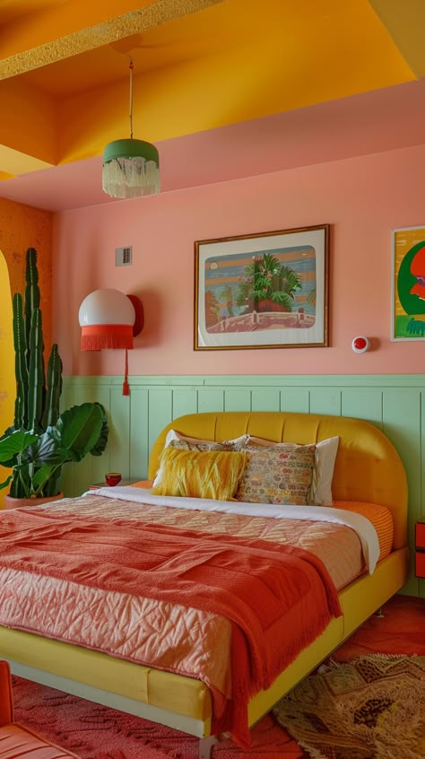 If I Designed a Cheap Motel — Living Bright Interiors Bright Maximalist Decor Bedroom, Queer Bedrooms, Wallpaper Room Bedrooms, Colourful Bedroom Aesthetic, Colorful Home Aesthetic, Bedroom Ideas Bright, Retro 70s Bedroom, Pop Of Color Bedroom, Bedroom Ideas Colorful