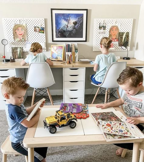 12 Inspiring Homeschool Desk Ideas - Teaching Littles Long Homeschool Desk, Homeschool Computer Station, Desk For 2 Kids, Kids Double Desk Homework Station, Diy Playroom Desk, Ikea Desk Ideas Kids, Toddler Study Room Ideas, Kids Desk Area In Bedroom Boys, Kids Playroom With Desk