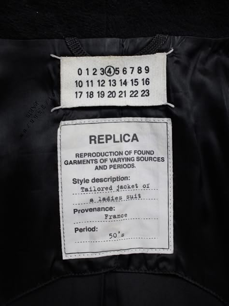 Maison Martin Margiela replica black 'tailored jacket of a ladies suit' | V A N II T A S Designer Labels, Cloth Label, Maison Margiela Aesthetic, Vintage Clothing Labels, Maison Margiela Replica, Margiela Future, Replica Fragrance, Margiela Belt Jacket, Margiela Trench Coat