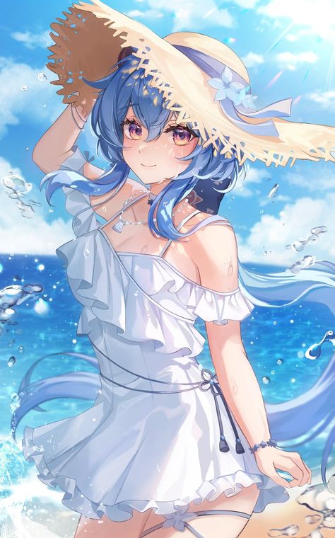 Art by @UWON0303 on Twitter. Ganyu Live Wallpaper, Genshin Impact Ganyu Fan Art, Ganyu Cute Fanart, Lumine Hot Genshin, Ganyu Swimsuit Fanart, Beach Episode, Anime Summer, Anime People, Summer Beach