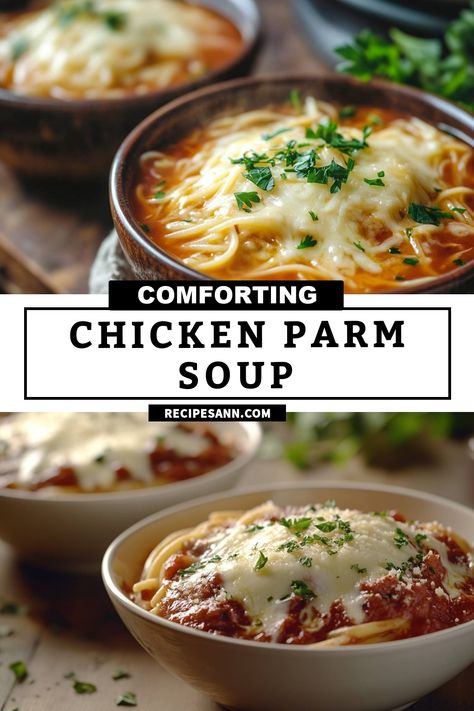 Warm up with my delicious Chicken Parm Soup! Packed with tender chicken, rich marinara, and gooey cheese, this dish brings all your favorite flavors together in a cozy bowl. Perfect for chilly nights or any time you crave a comforting meal! Crock Pot Creamy Chicken Parm Soup, Crockpot Creamy Chicken Parmesan Soup, Chicken Parm Soup Recipe, Chicken Recipes Soup, Chicken Parm Soup, Parm Soup, Chicken Breast Soup, Chicken Parmesan Soup, Chicken Soup Recipes Homemade