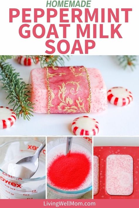 This easy DIY goat milk soap recipe will soothe and exfoliate your skin with the addition of jojoba beads. Plus, the uplifting and invigorating scent of peppermint is perfect for the holidays! Peppermint Soap Recipe, Christmas Soap Diy, Diy Goat Milk Soap, Goat Milk Soap Recipe, Milk Soap Recipe, Goat Soap, Goat Milk Recipes, Diy Soap Bars, Homemade Spa