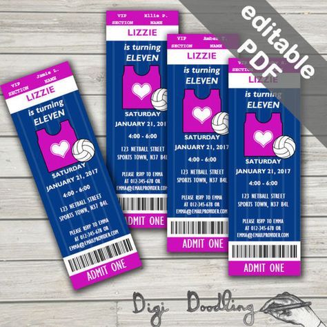 Netball Party Invitations. Editable PDF. Printable. Instant Sports Ticket Design, Hollywood Party Invitations, Netball Games, Golf Invitation, Ticket Design, Hollywood Party, 10th Birthday Parties, Sports Themed Party, Netball