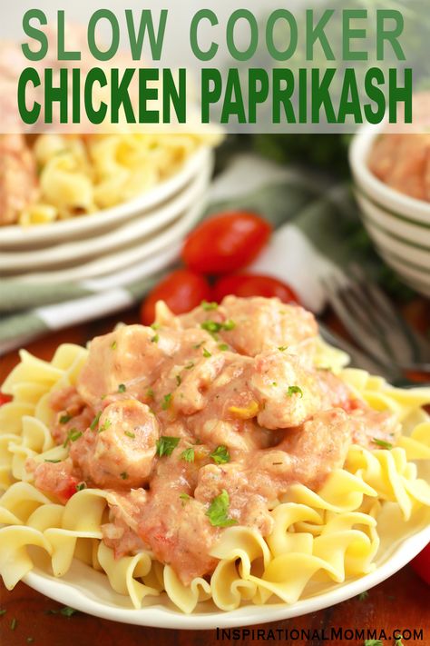 Slow cooker chicken paprikash takes the classic Hungarian dish of paprika chicken and makes it super easy with the slow cooker! #inspirationalmomma #slowcookerchickenpaprikash #crockpotchickenpaprikash #chickenpaprikash via @inspiremomma Chicken Popercosh, Chicken Paprikash Slow Cooker, Hungarian Chicken Paprikash, Chicken Paprikash, Paprika Chicken, Hearty Chicken, Creamy Tomato Sauce, White Meat, Full Meal Recipes