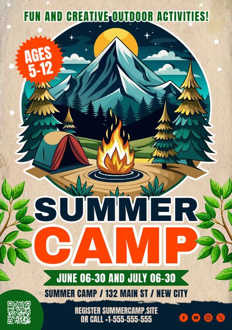 Summer Camp Poster Camping Poster Design, Camp Poster Design, Summer Camp Poster, Camp Poster, Flyer Inspiration, Linkedin Background Image, Summer Poster, Nature Camping, Promotional Flyers