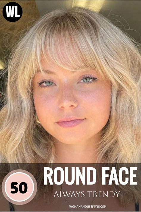 Chic tousled lob for a modern and trendy look on round face shapes Bangs For Big Cheeks, Soft Bangs Round Face, Shoulder Length Hair With Bangs Round Face, Round Face Shoulder Length Hair, Types Of Bangs For Round Faces, Buns With Bangs, Claw Clip Styles, Short Shoulder Length Hair, Women With Round Faces