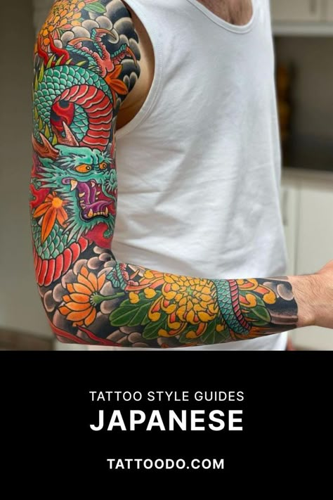 Traditional Japanese Tattoo Sleeve, Japanese Tattoos For Men, Tattoo Japanese Style, Dragon Sleeve, Japanese Dragon Tattoo, Dragon Sleeve Tattoos, Japan Tattoo Design, Japanese Dragon Tattoos, Japanese Tattoos