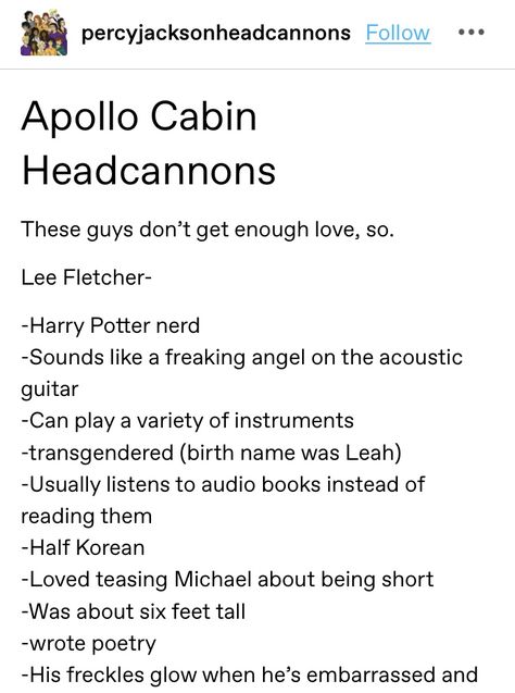 Lee Fletcher Percy Jackson, Apollo Headcanon, Apollo Cabin Headcanons, Apollo Pjo, Lee Fletcher, Apollo Percy Jackson, Apollo Cabin, Cabin 7, Perseus Jackson