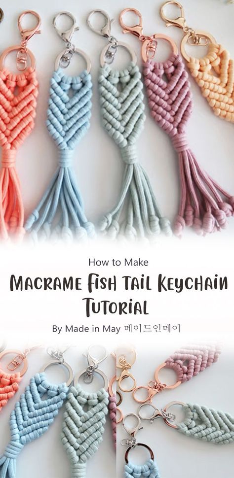 This is a very easy and simple tutorial for a cute macrame keychain. This can be made in any color you like! You can also use different materials. This is a great DIY project for beginners and it doesn’t take much time at all! Macrame Angel Pattern Free, Macrame Flamingo Keychain, Fishtail Macrame Keychain Diy, Macrame Pouch Diy, Macrame Mermaid Tail Keychain Diy, Macrame Lanyard Diy, Keychain Diy Easy, Small Macrame Projects, Macrame Pouch