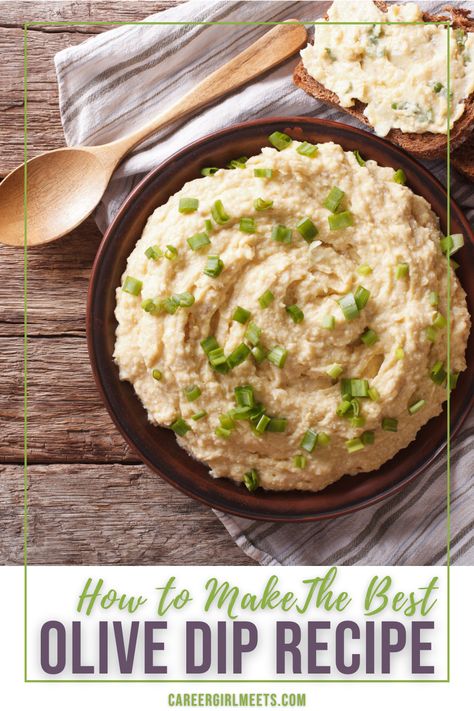 This Olive Dip Recipe is insanely creamy and delicious. This dip is quick and easy to make and calls for green olives, cream cheese, and a few other fresh ingredients. You can stir it by hand or use a food processor. This is the best olive dip (I promise!!) and a perfect appetizer. Serve it with crackers, fresh bread, or crostini. Enjoy!!

// creamy olive dip recipe // green olives // kalamatas // appetizers Jewish Style Olive Dip, Jewish Olive Dip, Kalamata Olive Dip, Olive Tray Appetizer Ideas, Castelvetrano Olives Recipe, Green Olive Dip, Olive Dip Recipe, Dip For Potato Chips, Olive Appetizer