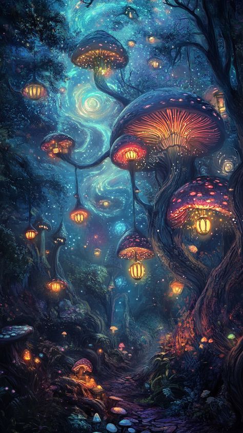 A whimsical forest filled with floating lanterns and giant mushrooms, where magical creatures dance under a sky painted with swirling colors and shimmering stars. Dancing Mushroom, Colorful Mushrooms, Giant Mushroom, Galaxy Sky, Surreal World, Living Room Murals, Floating Lanterns, Dnd Dragons, Mystical Forest