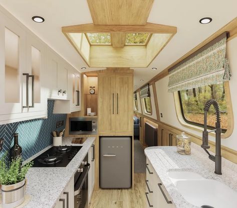 Boat Kitchen, Narrow Boats For Sale, Canal Boat Interior, Barge Boat, Narrowboat Interiors, Canal Barge, Boat Interior Design, Boat House Interior, Boat Galley