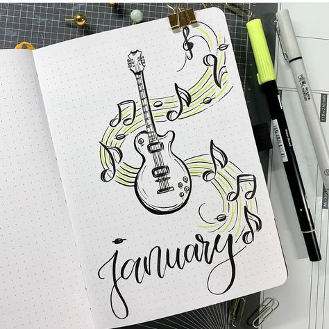 Music Theme Journal, Music Bujo Theme, Music Bujo, New Year Drawing, Music Scrapbook, New Year's Drawings, Bullet Journal Minimalist, Art Markers Drawing, Bullet Journaling Ideas