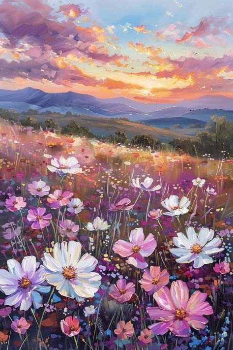 Wildflowers Aesthetic, Beautiful Landscape Paintings, Panoramic Art, Gold Art Painting, Dreamy Artwork, Printable Home Decor, Artwork For Home, Landscape Artwork, Dreamy Art