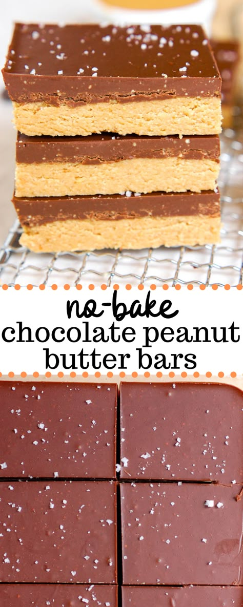 These no-bake chocolate peanut butter bars are a super easy and healthy dessert made from four gluten-free and vegan simple ingredients like peanut butter, oatmeal, maple syrup, and chocolate chips. They taste like a Reese's peanut butter cup but made healthier! #food #dessert #chocolate #peanutbutter #glutenfree #vegan Chocolate Peanut Butter Desserts Gluten Free, Vegan Peanut Butter Desserts, Whole Foods Peanut Butter Bars, Peanut Butter Chocolate Bars Healthy, Gluten Free Desserts Chocolate Peanut Butter, Healthy Pb Chocolate Dessert, Gf Desserts Easy No Bake, Gluten Free Chocolate Peanut Butter Bars, No Bake Chocolate Peanut Butter Bars Gluten Free