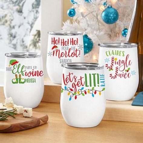 The wine humor and whimsical graphics on these insulated tumblers will have you wassailing all season long! •Made of stainless steel •Double-wall vacuum insulation for maximum heat and cold retention; 12 hours hot and 24 hour cold •Maintains twice the heat and cold resistance compared to glass or plastic wine glasses •Sweat-resistant, durable powder coat finish •BPA and lead-free •Holds 12 oz.; measures 5″Hx4″ dia. •Available in Elf Runs On, Ho!Ho!Ho!, Jingle Juice or Let's Get Lit! designs Personalized Wine Tumblers, Christmas Colorful, Plastic Wine Glasses, Personalized Wine Tumbler, Stainless Steel Containers, Wine Humor, Christmas Tumblers, Christmas Wine, Unique Personalized Gift