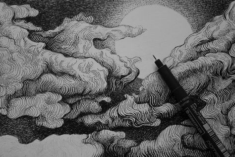 cloudy night sky illustration Ink Sky Drawing, Sky Pen Drawing, Night Ink Drawing, Night Sky Pen Drawing, Sky Ink Drawing, Night Sky Ink Drawing, Night Sky Sketch Pencil, Night Sky Pencil Drawing, Sky Sketch Pencil