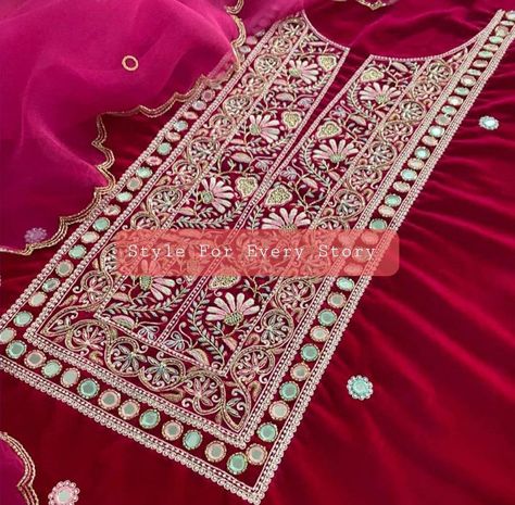 Plazo Pants, Kashmiri Embroidery, Red Color Combinations, Embroidered Salwar, Velvet Embroidery, Embroidered Shirts, Embroidery Shirt, Dress Neck, Geometric Embroidery