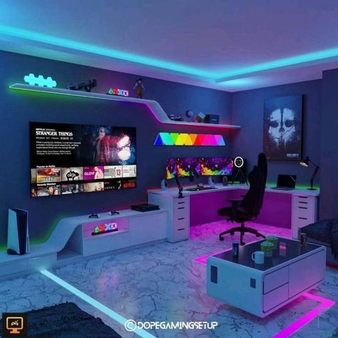 Couple Gaming Room Setup, Caravan Office, Games Room Inspiration, Gamer Bedroom, Small Game Rooms, Warm Color Schemes, Office Design Ideas, Pc Gaming Setup, Gaming Setups