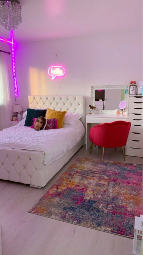 Neon lights | aesthetic room inspo Dorm Room Ideas Neon, Neon Dorm Room Aesthetic, Neon Dorm Room, Room Ideas Neon, Vibey Bedroom Aesthetic, Lights Aesthetic Room, Vibey Bedroom Ideas, Neon Lights Aesthetic, Vibey Bedroom