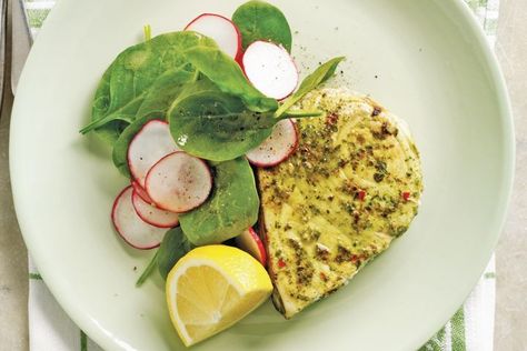 Chermoula swordfish with spinach and radish salad Radish Salad Recipe, African Spices, Radish Salad, Cooking Recipe, Coriander Leaves, Fish And Seafood, Salad Recipe, Fish Recipes, Food Photo