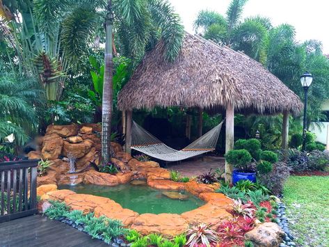 Hawaiian Backyard, Bamboo Landscaping, Waterfall Tropical, Beach Theme Backyard, Tiki Backyard, Tropical Hut, Tropical Landscaping Ideas, Tiki Garden, Outdoor Tiki Bar