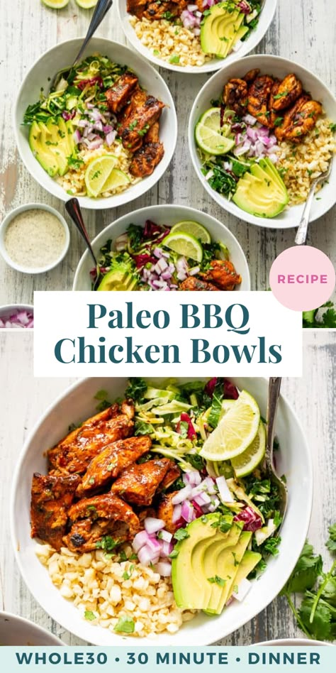 Whole 30 Bbq Recipes, Maki Bowl, Paleo Bbq Chicken, Chicken Bowls Recipe, Paleo Baking Recipes, Lime Cauliflower Rice, Healing Bowls, Paleo Bbq, Paleo Running Momma