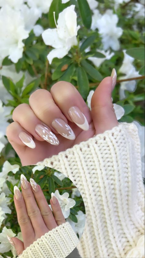 Neutral floral spring nails white beige french tips Nail Ideas With Flowers, Spring Nails White, Neutral Nail Ideas, Floral Spring Nails, Bridal Shower Nails, Ivory Nails, Bridal Nails Designs, Engagement Nails, Neutral Nail