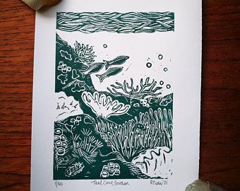 Original Lino Prints inspired by nature by RosPrints on Etsy Coral Reef Linocut, Coral Lino Print, Beach Lino Print, Linocut Ocean, Lino Print Art, Lino Art Ideas, Printmaking Designs, Lino Print Ideas, Lino Cuts