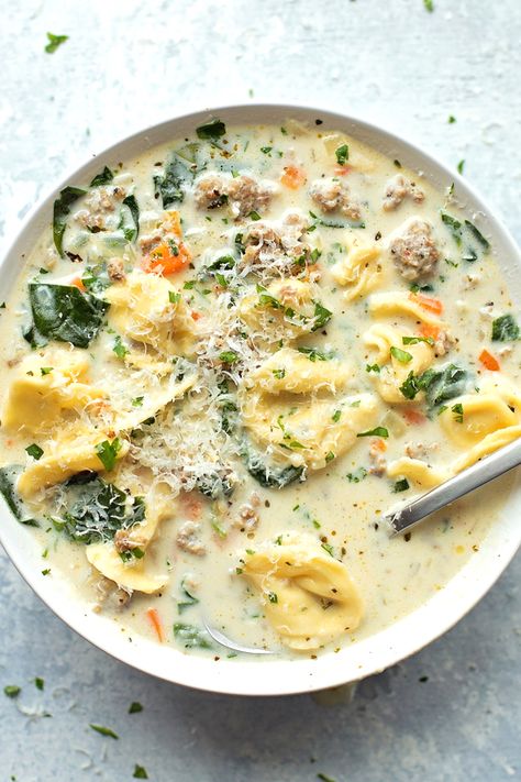 Creamy Sausage and Tortellini Soup @nataliemd Sausage And Tortellini Soup, Sausage And Tortellini, Creamy Tortellini Soup, Sausage Tortellini Soup, Creamy Soup Recipes, Sausage Tortellini, Spinach Soup, Sausage Soup, Tortellini Soup