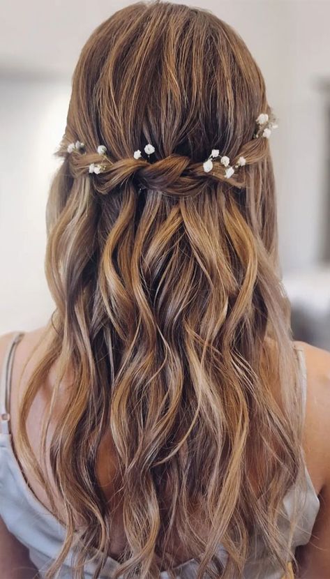 half up half down hairstyle, boho chic hairstyle, wedding hairstyle, bridal hairstyle, effortless hairstyle, updo, bridal updo, wedding hairdos Fancy Half Up Half Down, Half Up Half Down Ideas, Gala Hairstyles, Long Hair Dos, Prom Hairstyles Down, Barbie Hairstyles, Waterfall Twist, Hair For Prom, Fancy Ponytail