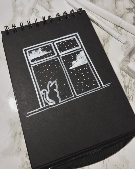 Just a simple sketchy cat on my black sketchbook lmao [black and white, black sketchbook, simple sketch, cat, cat on windowsill, nightscape, simple, sketch] Sketchbook Cover, Sketches Easy, Black Paper, Window Sill, Art Classes, Art Projects, Pop Art, Sketch Book, Black And White