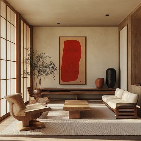 AI room design by @starlacampbellhome Fusion of mid-century modern and Japandi style. Neutral tonal furnishings with Asian/organic modern accents. #virtualinteriordesignservices #midcenturyfurniture #japandiinterior #aidesign #starlacampbellhome #avldesigner #srqdesign #srqdesigner Japan Mid Century Modern, Mid Century Zen, Japandi And Mid Century, Japandi Art Deco, Mid Century Japanese Interior, Modern Orientalism Interior, Japandi Maximalist, Asian Interior Design Living Room, Asian Modern Interior