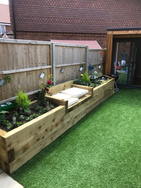 Side Wall Garden Ideas, Raised Garden Beds Against Fence, L Shaped Garden Ideas, Garden Raised Border Ideas, Garden Bed With Bench, New Build Garden Ideas Uk, Raised Garden Beds Along Fence, Planter With Bench, Garden Sleeper Ideas