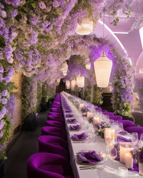 Luxurious wedding reception with purple and green colors, long table, lots of flowers, and flower arches. 3D rendering services for interior designers, architects, and event management companies. Purple Themed Indian Wedding, Wedding Reception Purple Theme, Emerald Green And Violet Wedding, Lavender Emerald Wedding, Pink Purple And Green Wedding, Green And Purple Decorations, Purple Green Wedding Theme, Purple And Green Wedding Ideas, Green And Purple Wedding Colors