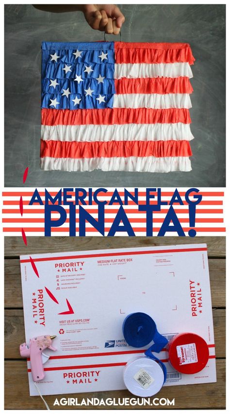 American flag pinata easy diy out of a box and hot glue American Flag Birthday Party, 4th Of July Pinata, Flags Birthday Party, Funfetti Frosting, Sewing Painting, America Party, Usa Party, Piñata Ideas, 4th Of July Parade