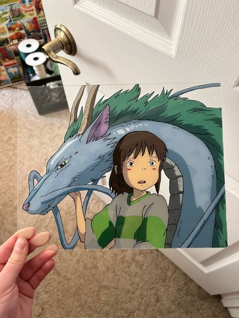 Studio Ghibli Spirited Away Chihiro and Haku glass painting Glass Painting Ideas Aesthetic, Glass Painting Designs Anime, Studio Ghibli Painting Ideas, Glass Painting Aesthetic, Chihiro Drawing, Ghibli Glass Painting, Anime Glass Painting Ideas, Studio Ghibli Glass Painting, Anime Glass Art Painting