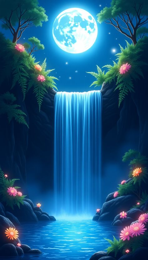 A breathtaking 4K wallpaper featuring a mystical waterfall illuminated by a blue moon. The scene captures shimmering water cascading over rocks surrounded by lush greenery and ethereal lights, creating a serene atmosphere. Perfect for nature lovers and those who appreciate enchanting landscapes. Moon Waterfall, Mystical Waterfall, Shimmering Water, 4k Wallpaper, Lush Greenery, Blue Moon, The Scene, Nature Lovers, Night Time