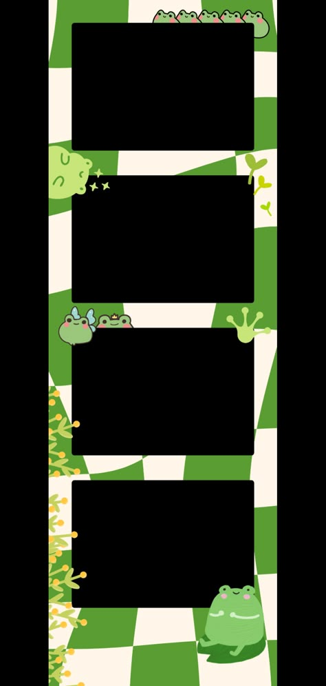 A photo strip template of frog illustration designs with a green checkered background. Polaroid Strip Template, Photo Strips Template, Photo Strip Template Aesthetic, Photo Strip Aesthetic, Photostrip Template Png, Photobooth Strip Template, Photo Strip Ideas, Photo Template Aesthetic, Photostrip Template