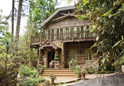 Design by Bill Cook, Vermilion Designs, and Michael Faust, Faust Architecture Interiors Design | Photography by Erica George Dines | Atlanta Homes & Lifestyles | Storybook Homes, Mountain Cottage, Wooden Cottage, Cottage Cabin, Atlanta Homes, Cabin In The Woods, Mountain Homes, River House, Cabins And Cottages